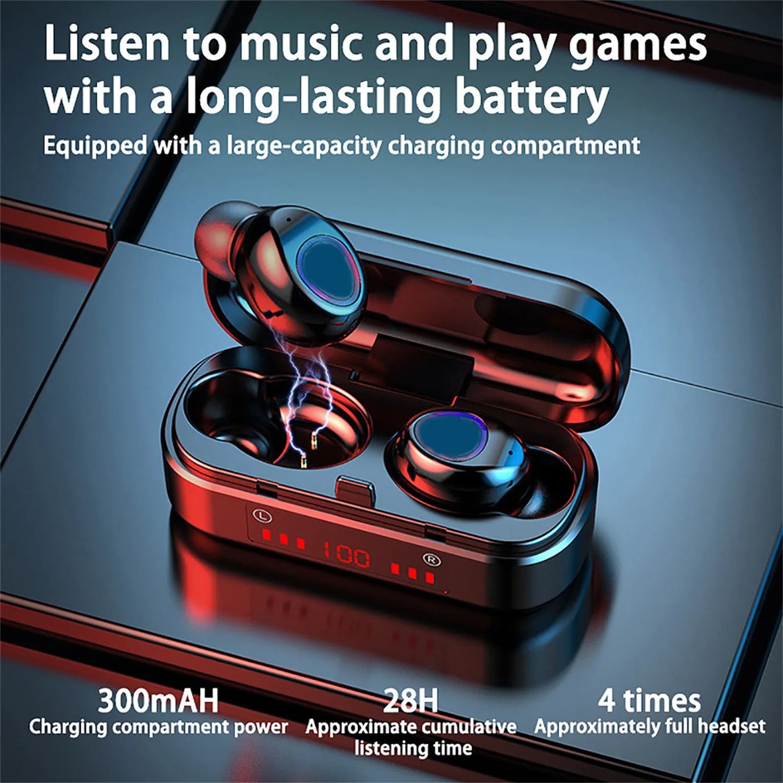 V7 LED button version wireless Bluetooth headset with charging box and three ear cap sizes