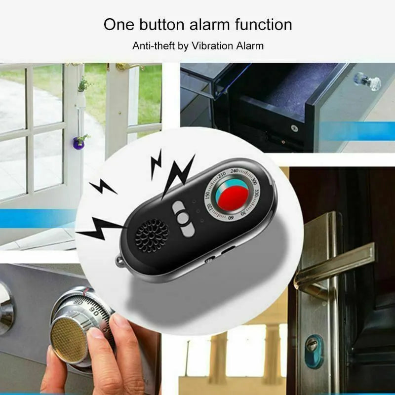 Compact black wireless signal detector with anti-theft alarm, shown next to a ruler for scale.
