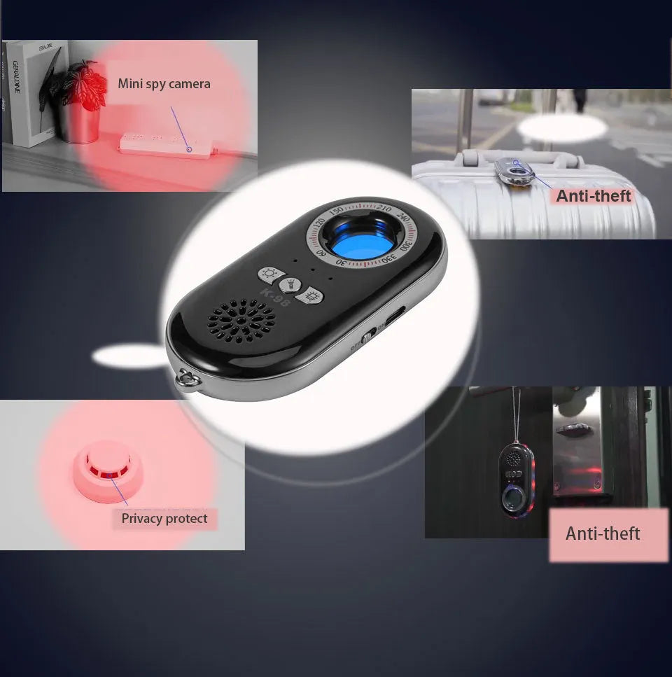 Compact black wireless signal detector with anti-theft alarm, shown next to a ruler for scale.