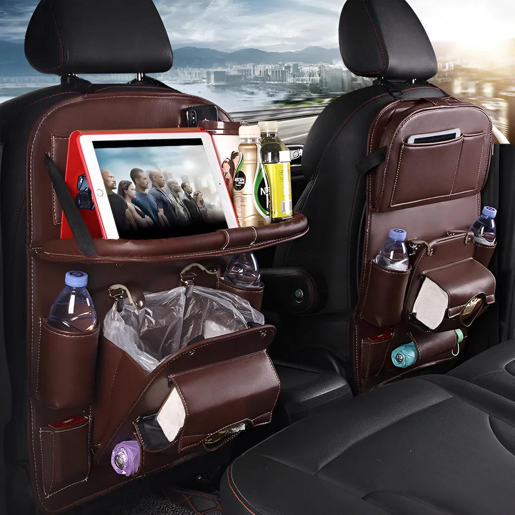 PU leather car seat back hanging organiser bag with multiple pockets in various colours.