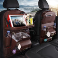 PU leather car seat back hanging organiser bag with multiple pockets in various colours.