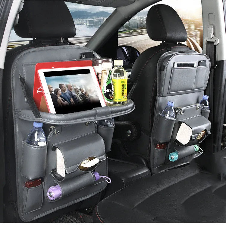 PU leather car seat back hanging organiser bag with multiple pockets in various colours.