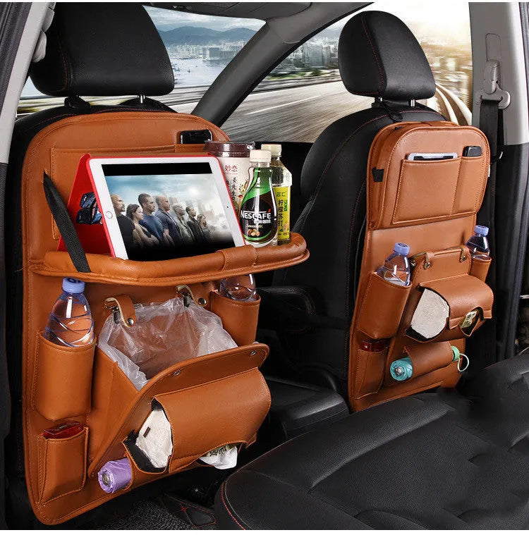 PU leather car seat back hanging organiser bag with multiple pockets in various colours.