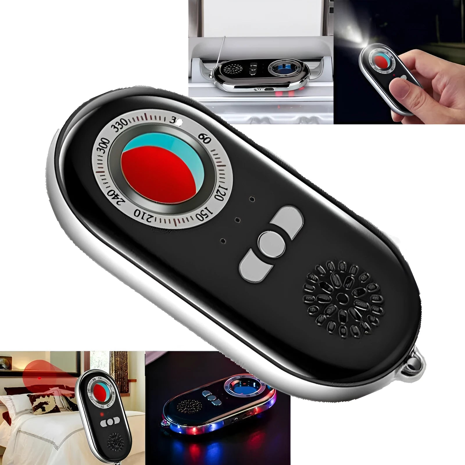 Compact black wireless signal detector with anti-theft alarm, shown next to a ruler for scale.
