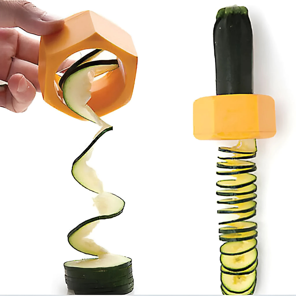 Yellow and green plastic spiral vegetable cutter for slicing cucumbers on a kitchen counter