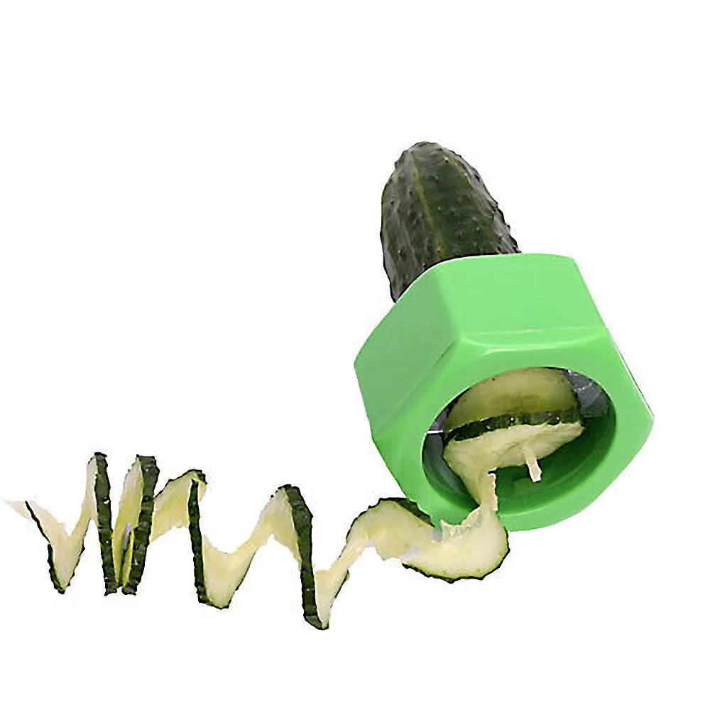 Yellow and green plastic spiral vegetable cutter for slicing cucumbers on a kitchen counter