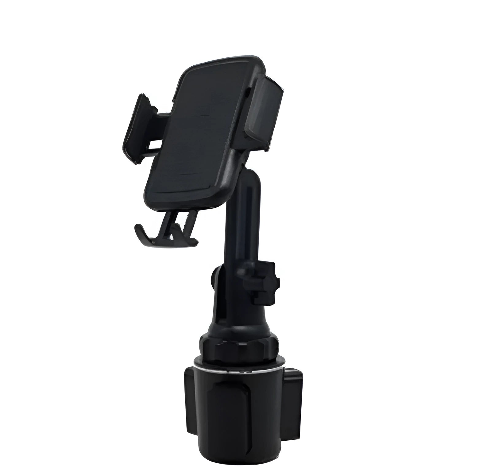Black universal car phone holder with 360-degree rotating head and adjustable height on a car air vent.