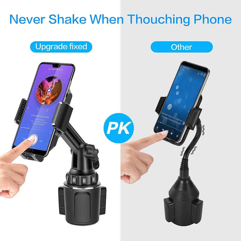 Black universal car phone holder with 360-degree rotating head and adjustable height on a car air vent.