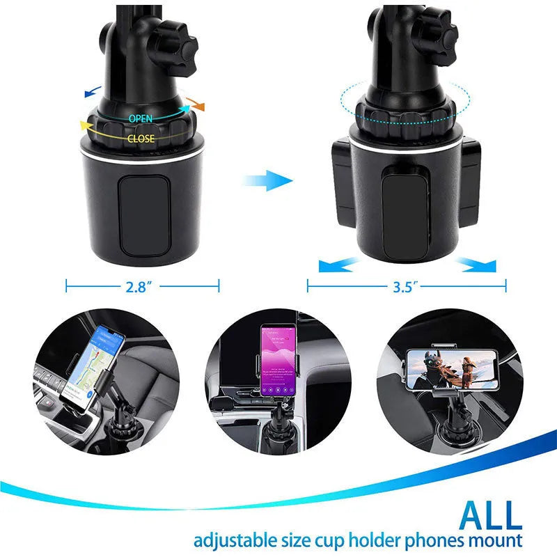 Black universal car phone holder with 360-degree rotating head and adjustable height on a car air vent.