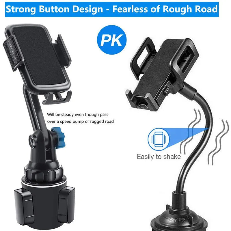 Black universal car phone holder with 360-degree rotating head and adjustable height on a car air vent.