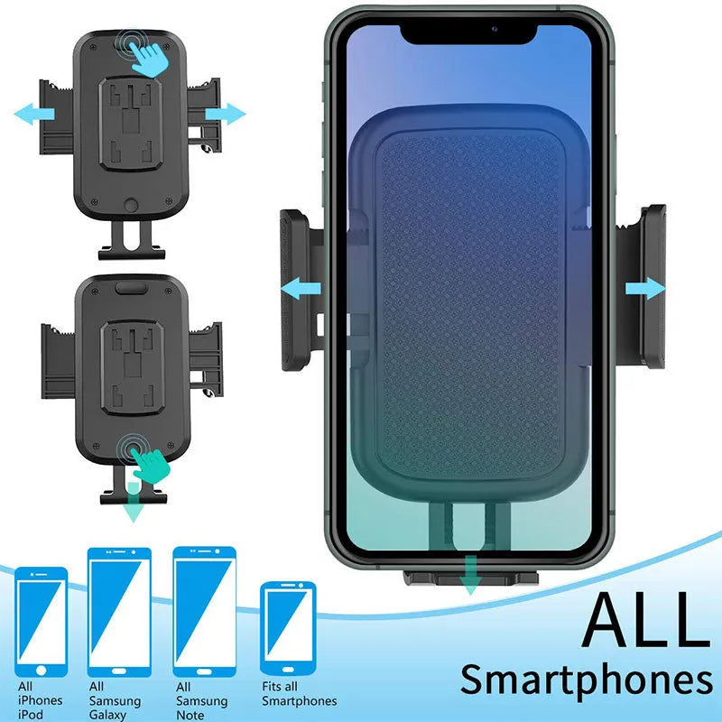 Black universal car phone holder with 360-degree rotating head and adjustable height on a car air vent.