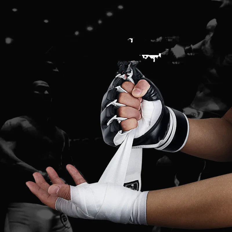 Half-finger boxing gloves in black made from polyurethane and explosion-proof leather for MMA Muay Thai training