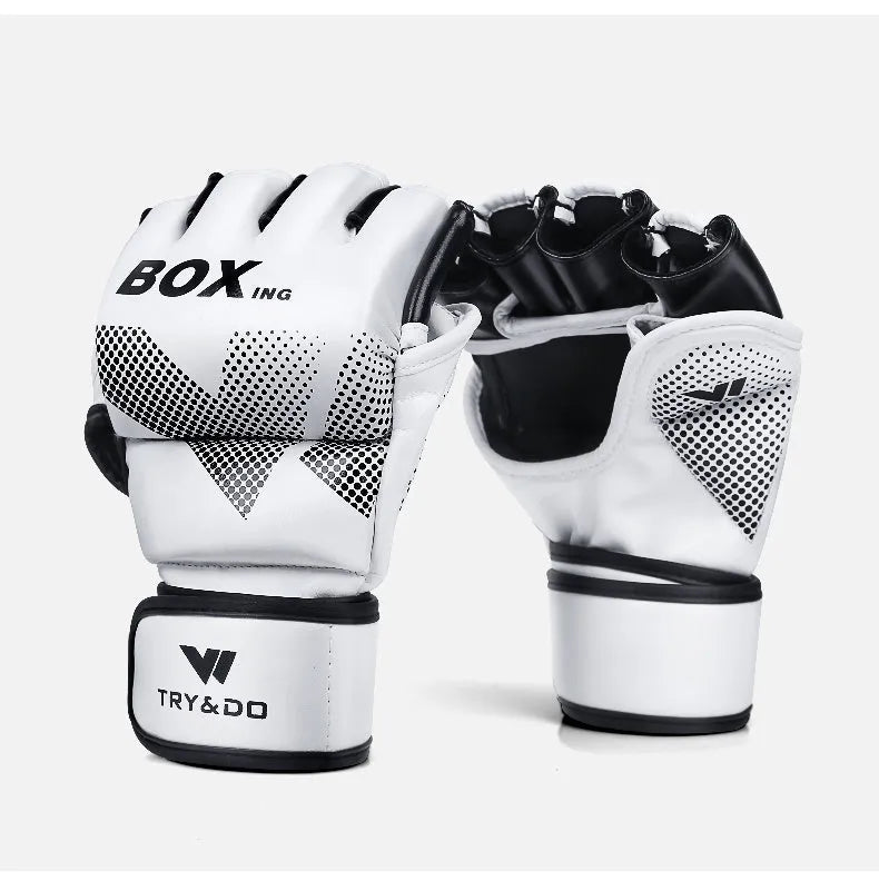 Half-finger boxing gloves in black made from polyurethane and explosion-proof leather for MMA Muay Thai training