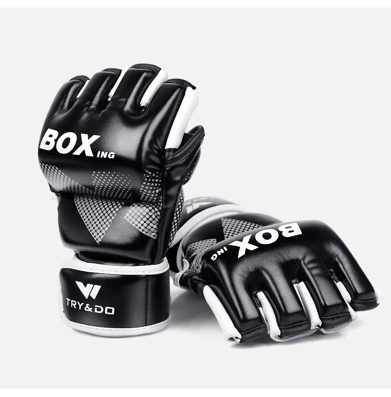 Half-finger boxing gloves in black made from polyurethane and explosion-proof leather for MMA Muay Thai training