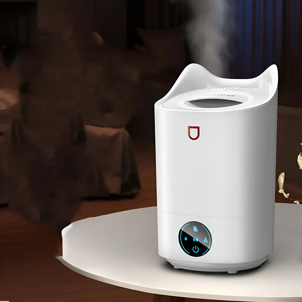 Double spray humidifier with three fog outlets in coral pink or white colour with USB power cable