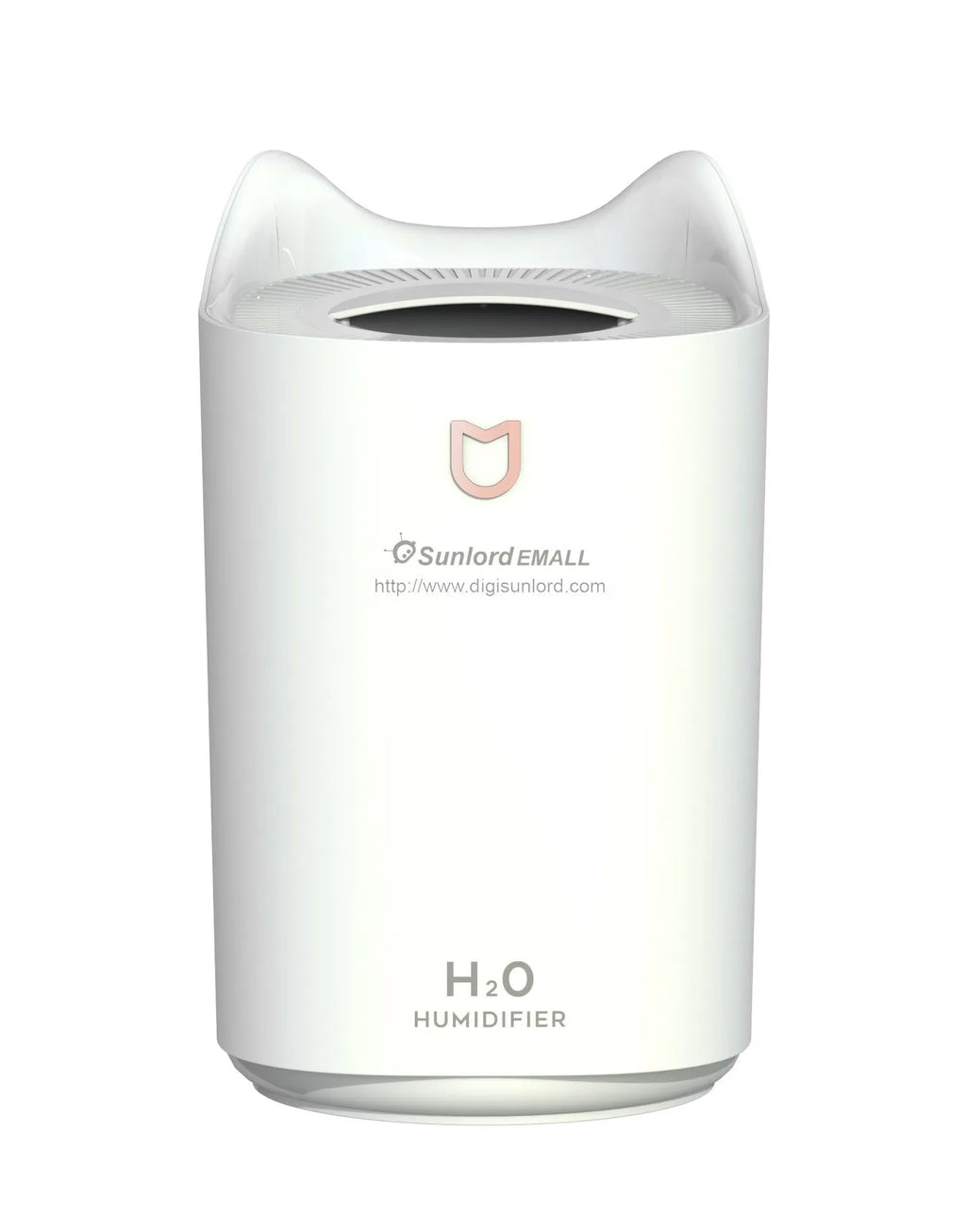 Double spray humidifier with three fog outlets in coral pink or white colour with USB power cable