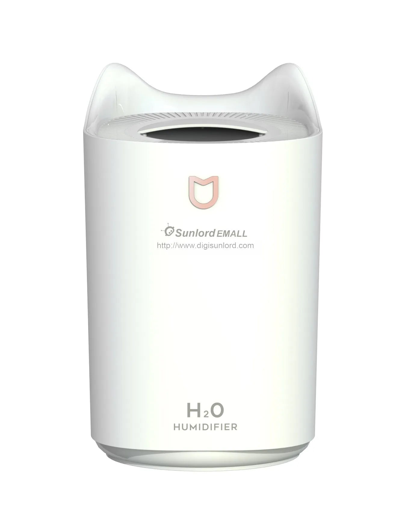 Double spray humidifier with three fog outlets in coral pink or white colour with USB power cable
