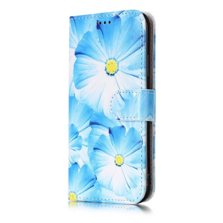 Marble flip wallet iPhone case with cartoon animal design showing card slots and magnetic closure