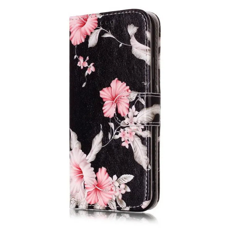 Marble flip wallet iPhone case with cartoon animal design showing card slots and magnetic closure