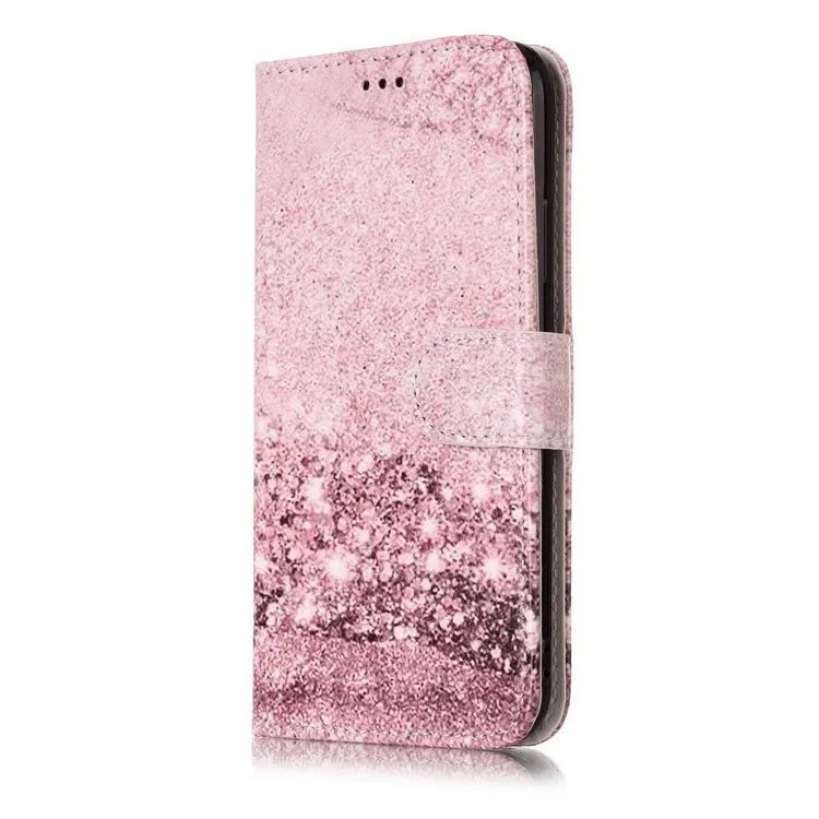 Marble flip wallet iPhone case with cartoon animal design showing card slots and magnetic closure