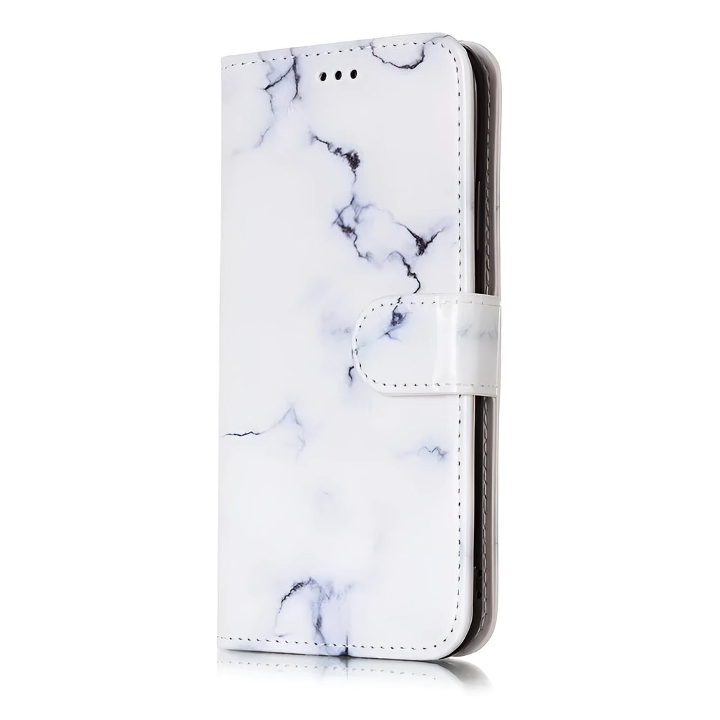 Marble flip wallet iPhone case with cartoon animal design showing card slots and magnetic closure