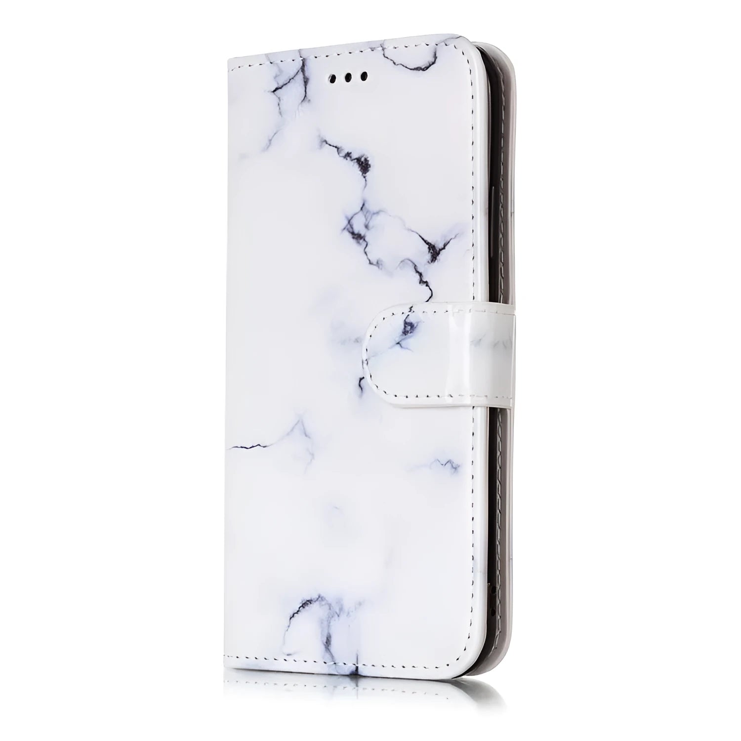 Marble flip wallet iPhone case with cartoon animal design showing card slots and magnetic closure