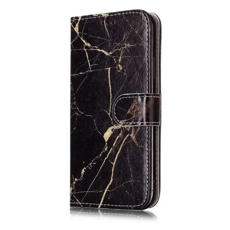 Marble flip wallet iPhone case with cartoon animal design showing card slots and magnetic closure