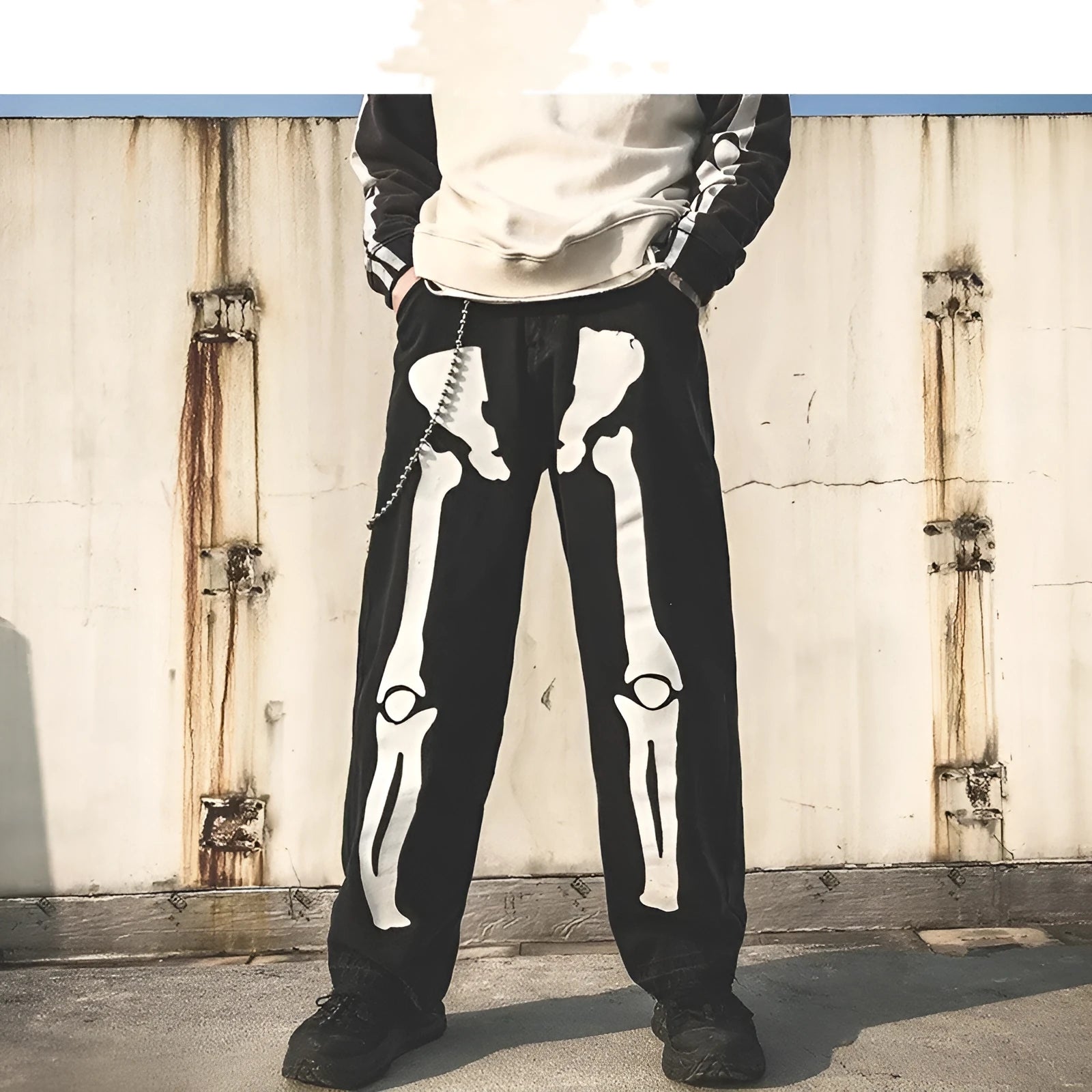 Men's high-waist five-point denim harem pants in black, streetwear style, front view