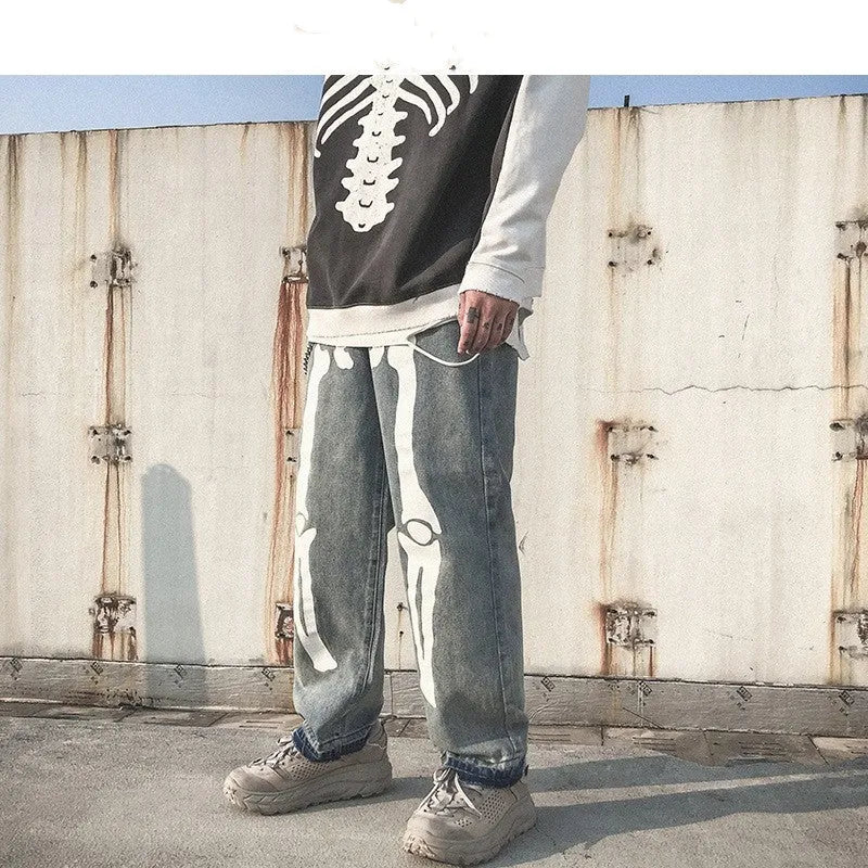 Men's high-waist five-point denim harem pants in black, streetwear style, front view