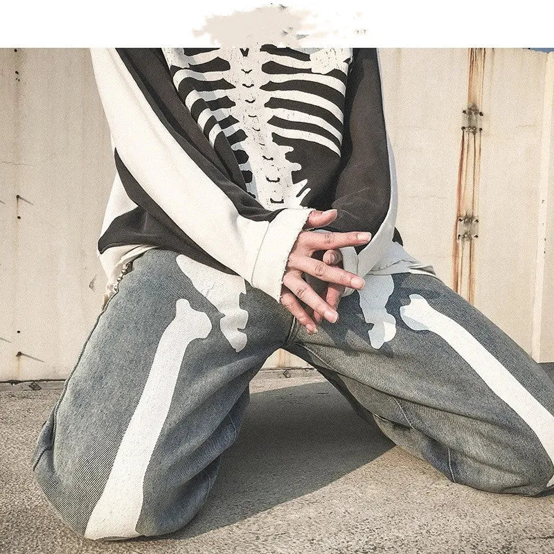 Men's high-waist five-point denim harem pants in black, streetwear style, front view
