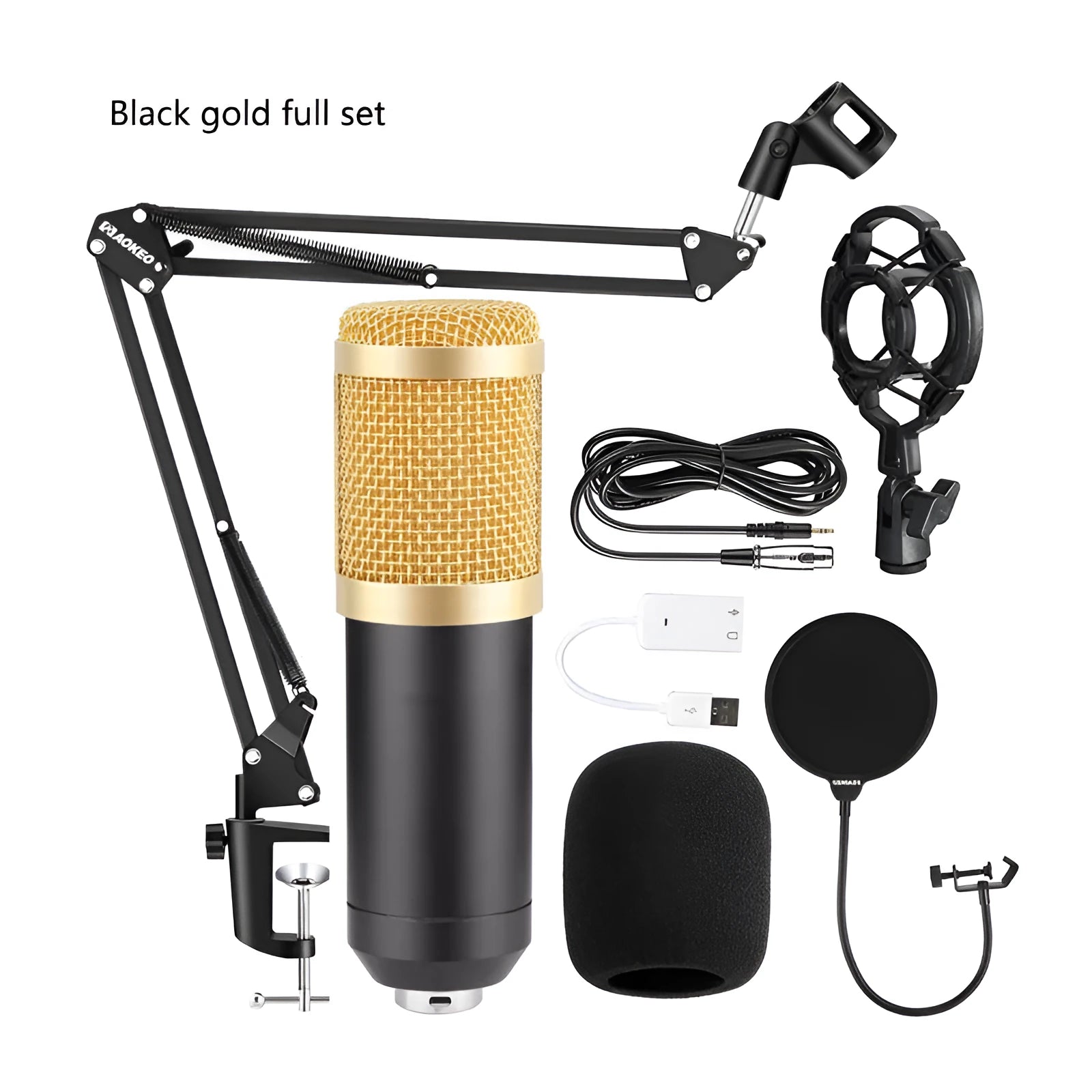 BM800 condenser microphone with V8 sound card, metal bracket, shock mount, and large pop filter on a desk.