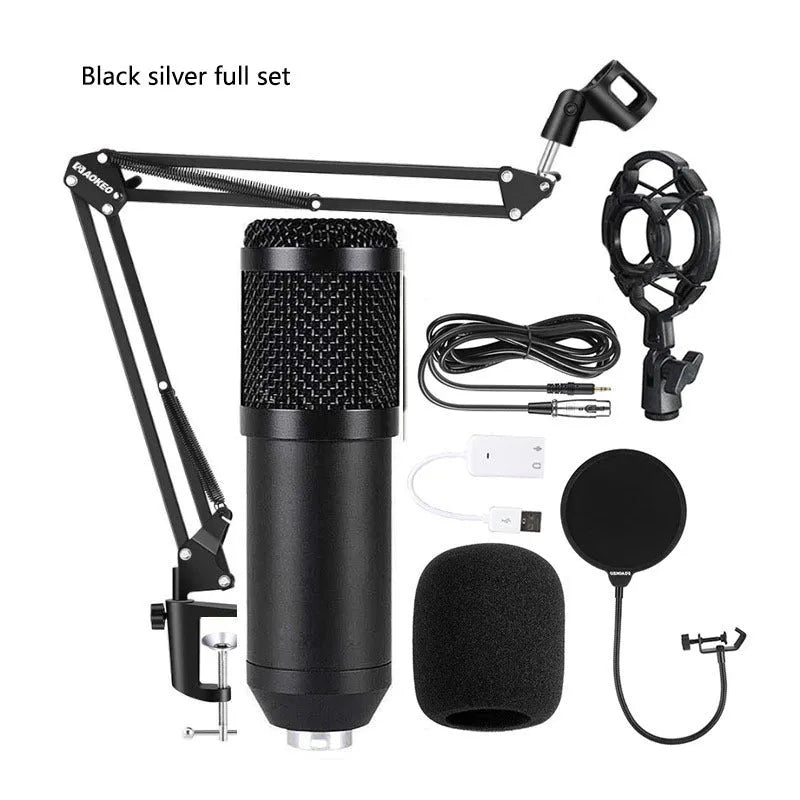 BM800 condenser microphone with V8 sound card, metal bracket, shock mount, and large pop filter on a desk.