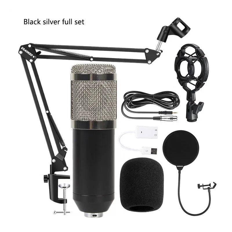BM800 condenser microphone with V8 sound card, metal bracket, shock mount, and large pop filter on a desk.