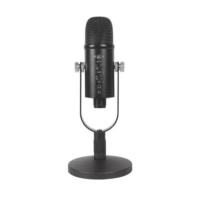 Black JIY USB condenser microphone on an adjustable metal stand with foam cover and cable.