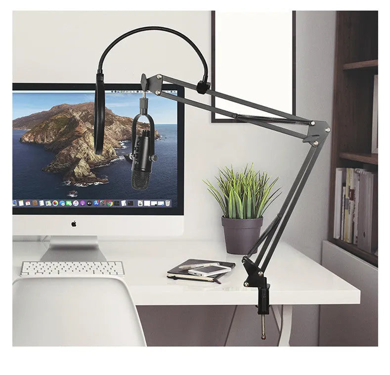 Black JIY USB condenser microphone on an adjustable metal stand with foam cover and cable.