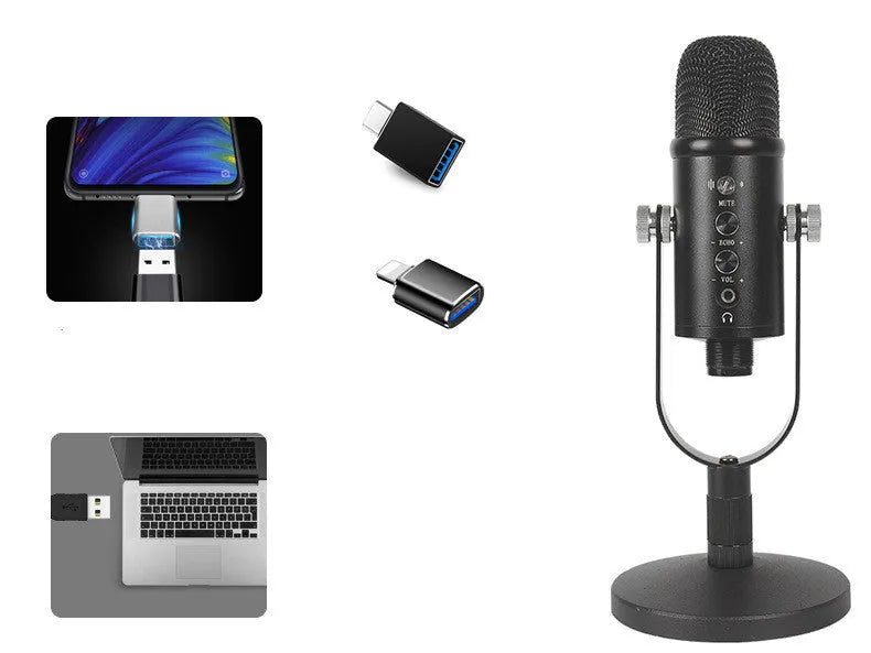 Black JIY USB condenser microphone on an adjustable metal stand with foam cover and cable.