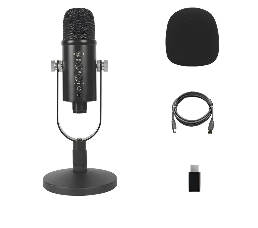 Black JIY USB condenser microphone on an adjustable metal stand with foam cover and cable.