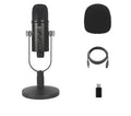 Black JIY USB condenser microphone on an adjustable metal stand with foam cover and cable.