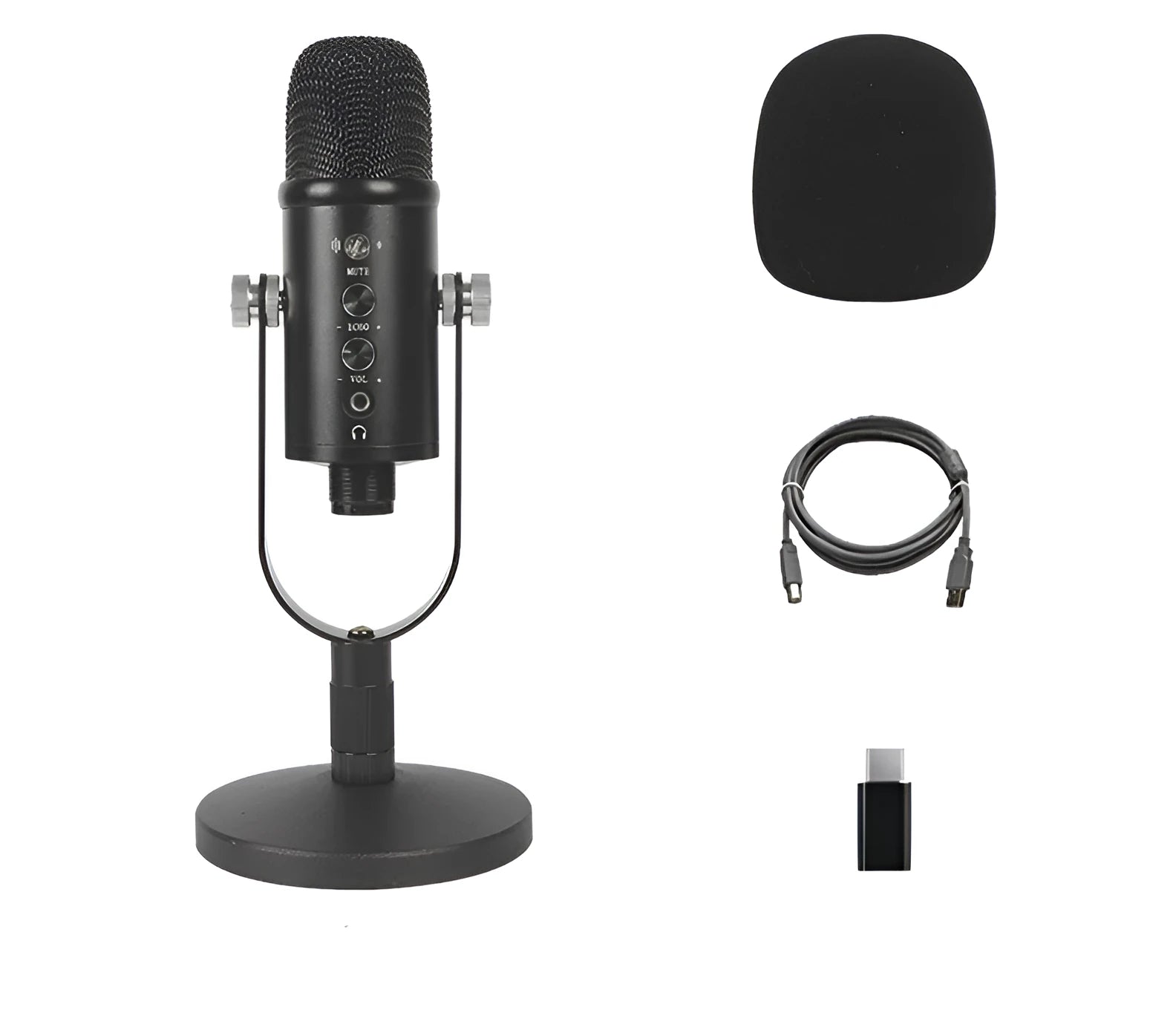 Black JIY USB condenser microphone on an adjustable metal stand with foam cover and cable.