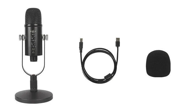 Black JIY USB condenser microphone on an adjustable metal stand with foam cover and cable.