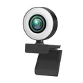 Black high-definition USB webcam with built-in fill light for video conferencing on a PC.