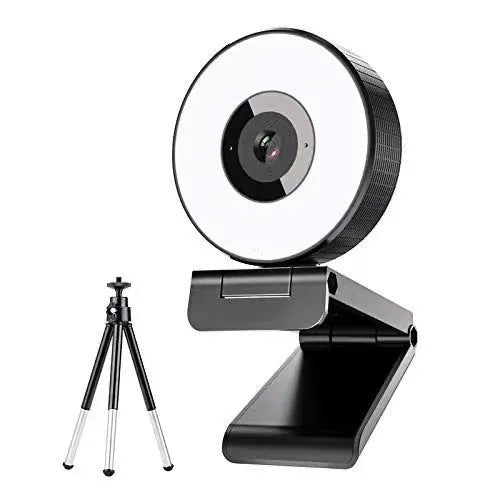 Black high-definition USB webcam with built-in fill light for video conferencing on a PC.