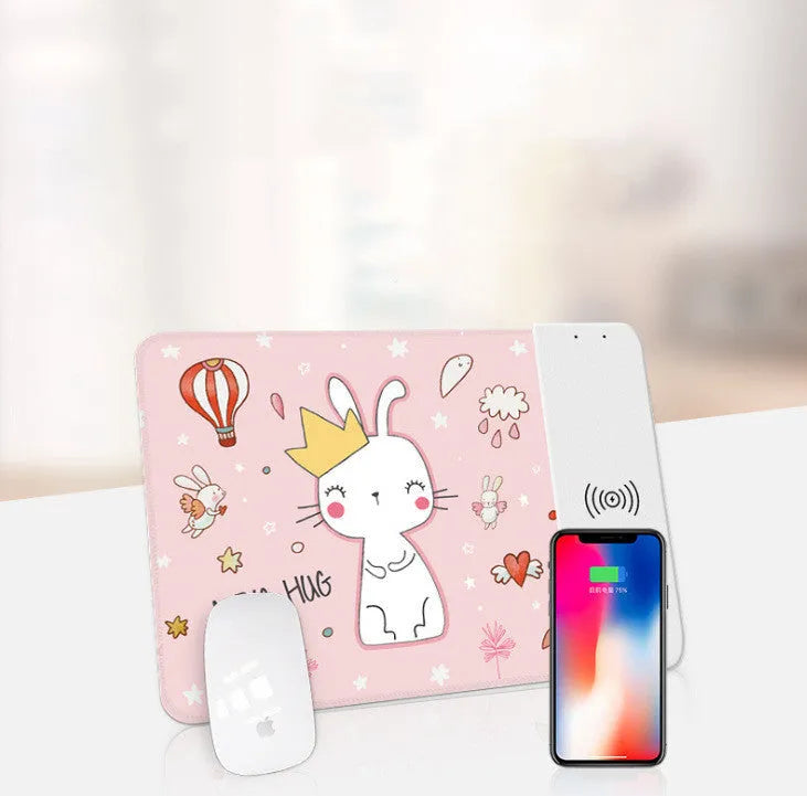 Wireless charging mouse pad with RGB lighting and cartoon design on black cloth surface
