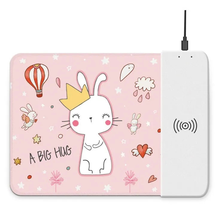 Wireless charging mouse pad with RGB lighting and cartoon design on black cloth surface