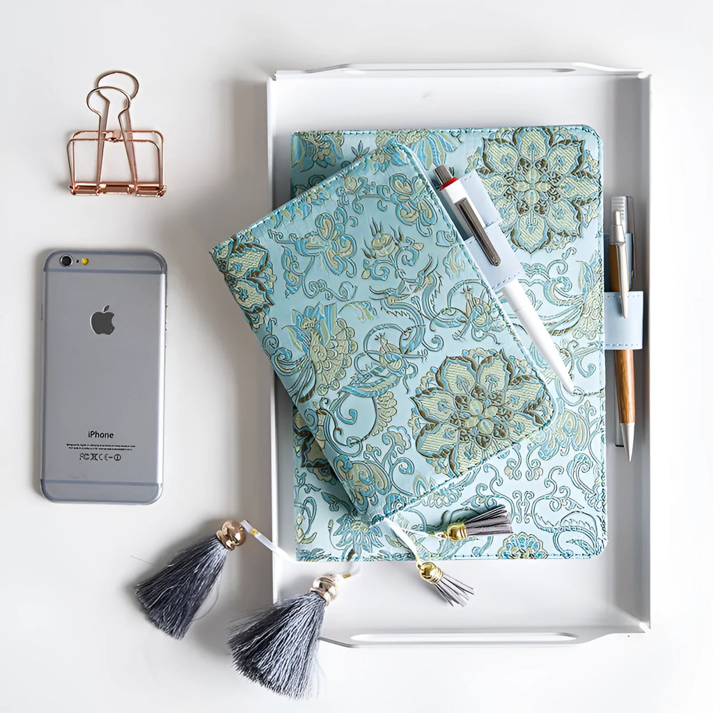 Blue floral fabric cover notebook in A5 and A6 sizes, showing the 'flying blue flowers' design.