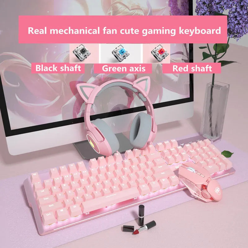 Pink wired mechanical keyboard and matching mouse for PC gaming on a desk.