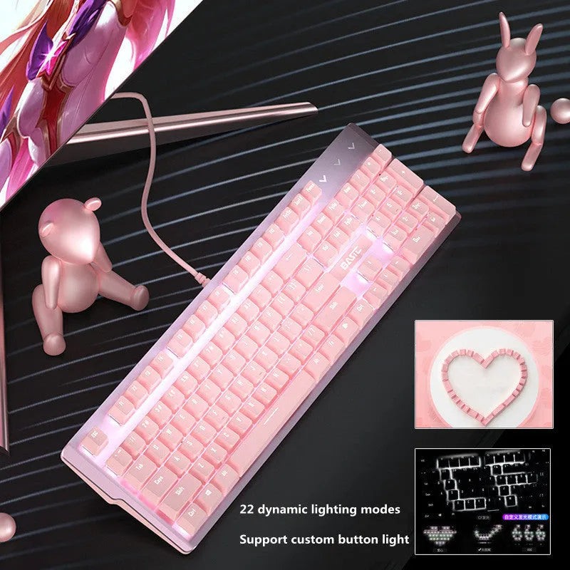 Pink wired mechanical keyboard and matching mouse for PC gaming on a desk.