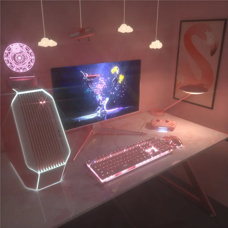 Pink wired mechanical keyboard and matching mouse for PC gaming on a desk.