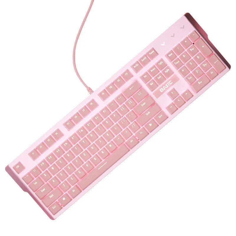 Pink wired mechanical keyboard and matching mouse for PC gaming on a desk.