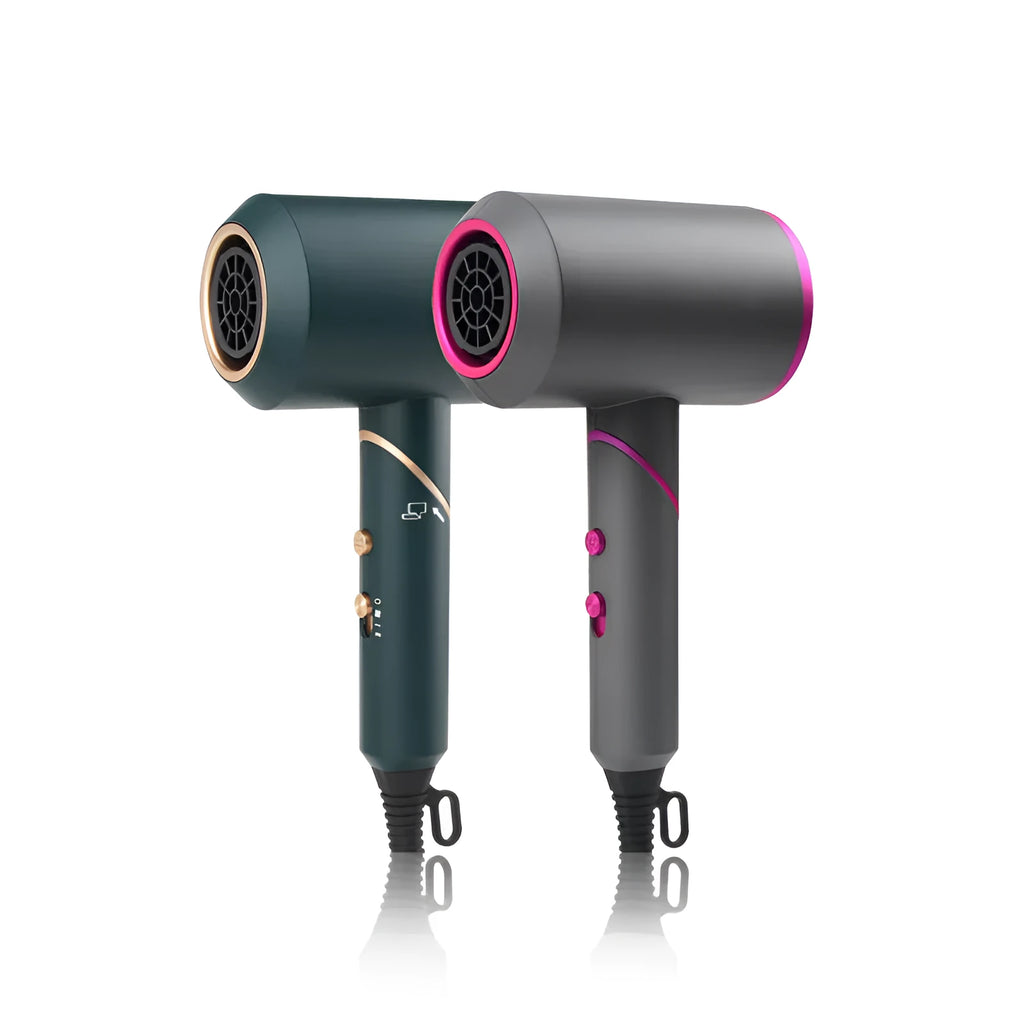 Foldable hair dryer in dark green with gold trim, showing concentrator nozzle and diffuser attachment.